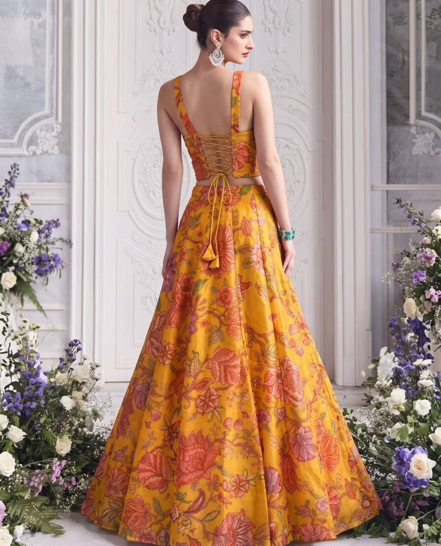 YELLOW - Mustard Floral Tabby Organza Party Wear Lehenga Set
